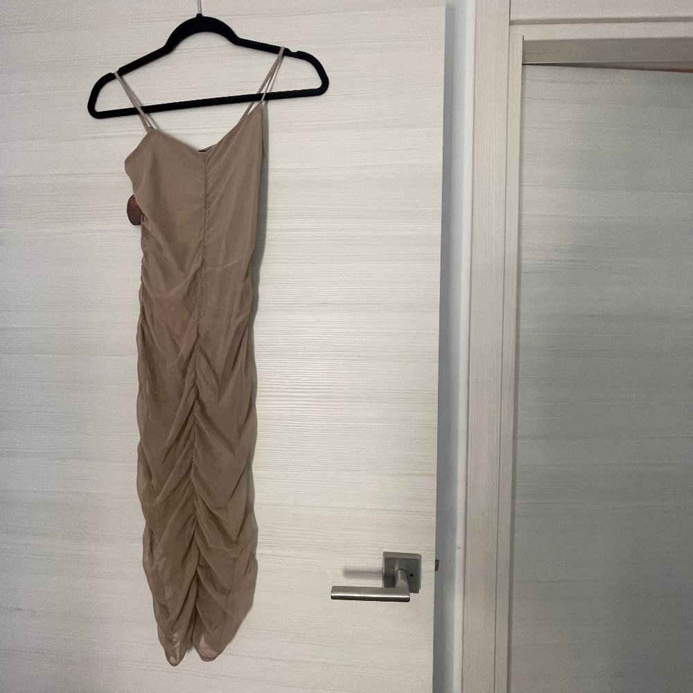 Hot Miami Styles Nude Ruched Mesh Bodysuit Dress